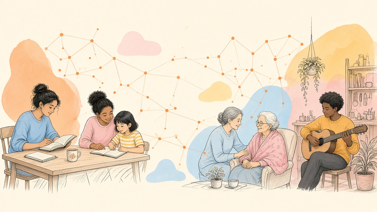 Line illustration of people learning, making, and caring, loosely linked by a constellation